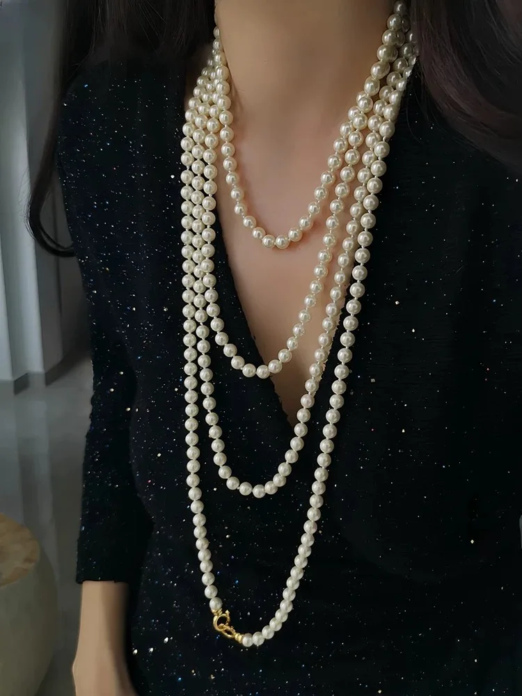 

European and American French long pearl necklace with versatile shapes and multiple ways of wearing