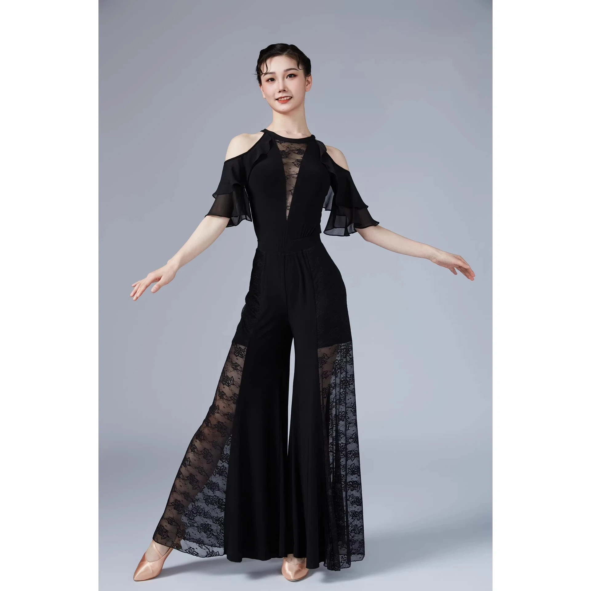 Women Modern Dance Pants Lace Mesh High Waist Trousers National Standard Dance Costumes Ballroom Dance Practice Pants DN21967