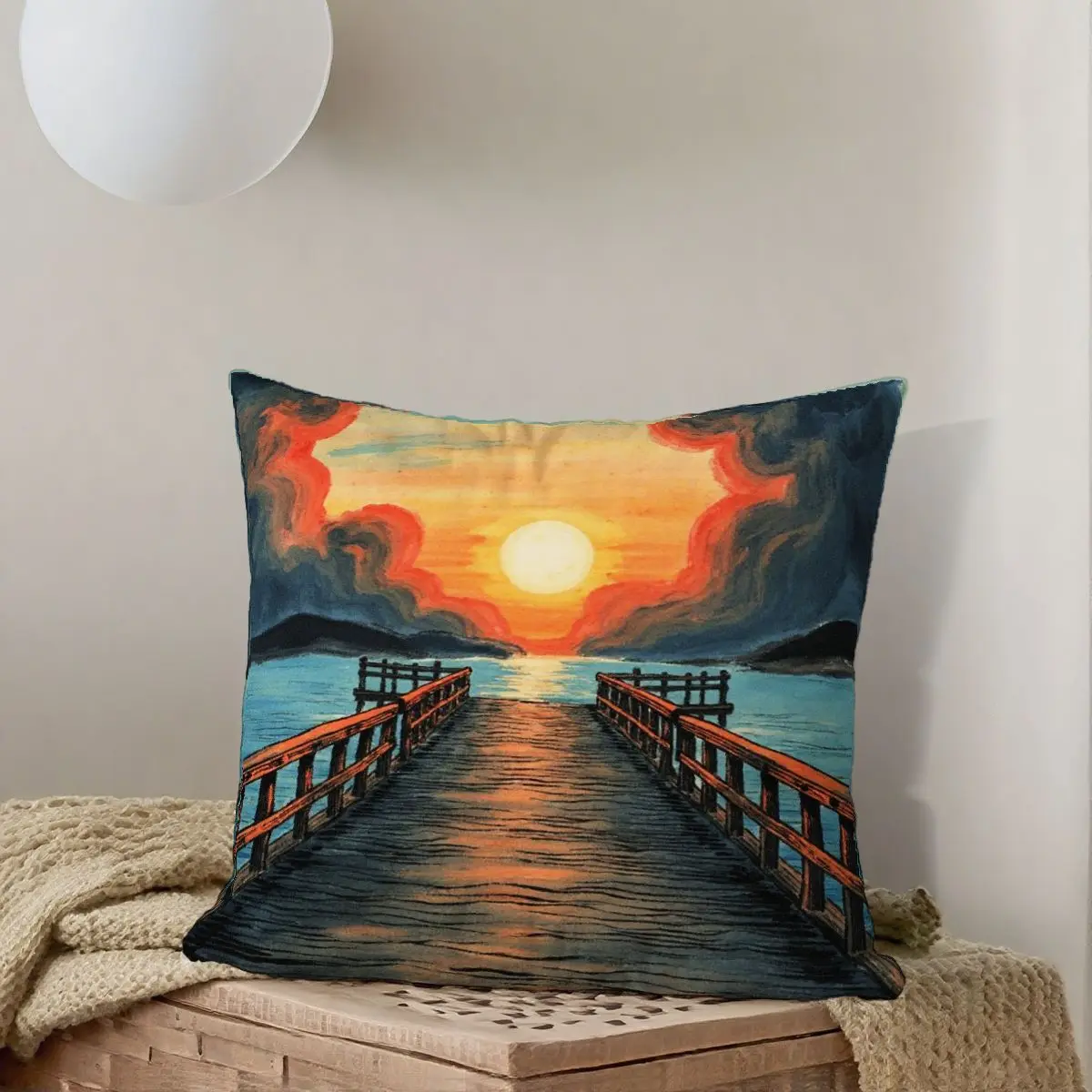 

4-Piece Pillow Cover Set No Inserts Stunning Sunset Pier Design Home Decor Living Room Office Warm Cozy Vibes