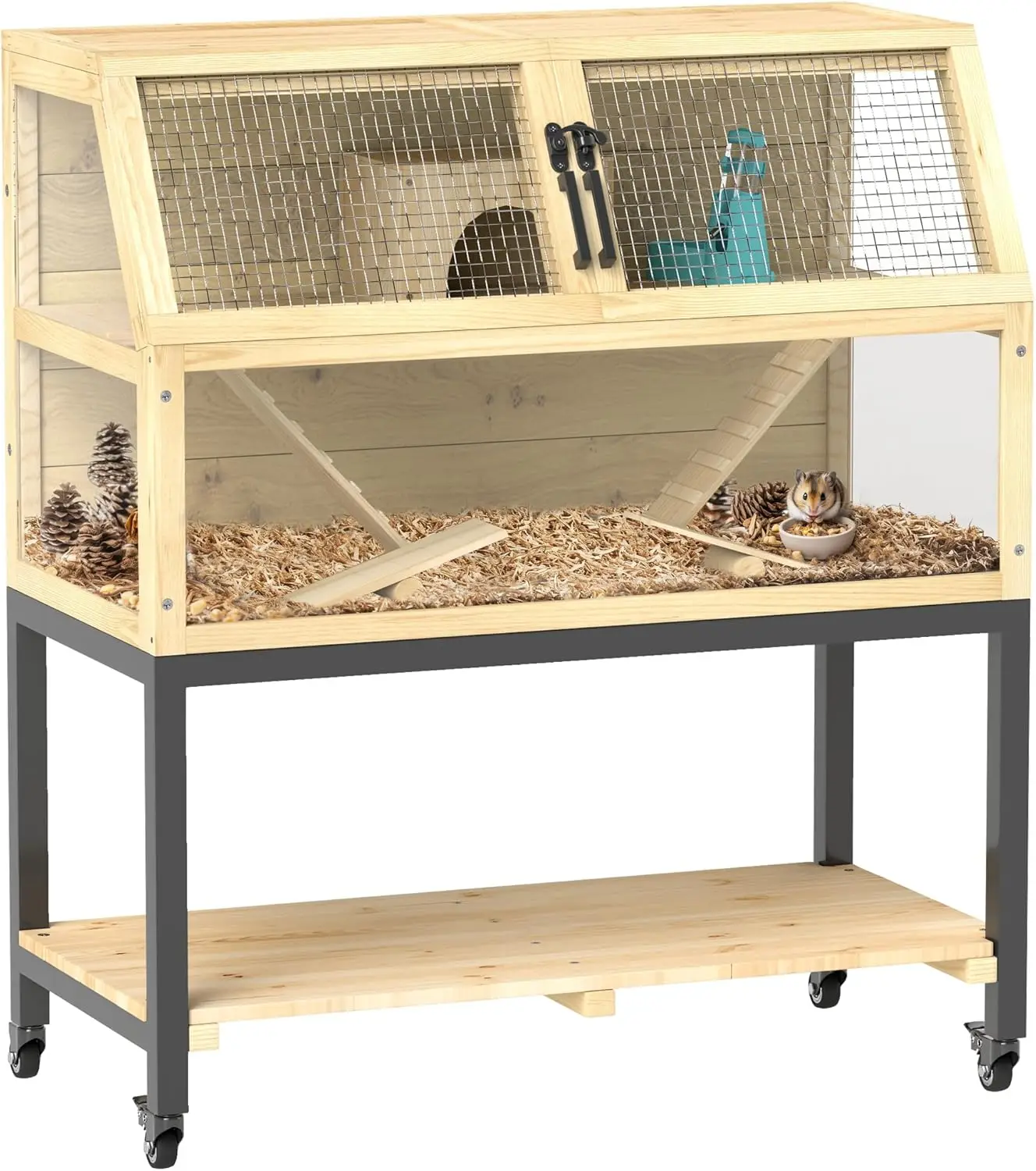 Hamster Cage with Storage Shelf, Wooden Rat Cage on Wheel, Small Aniaml Cage with Seesaws, Water Bottle, Hut & Ramps