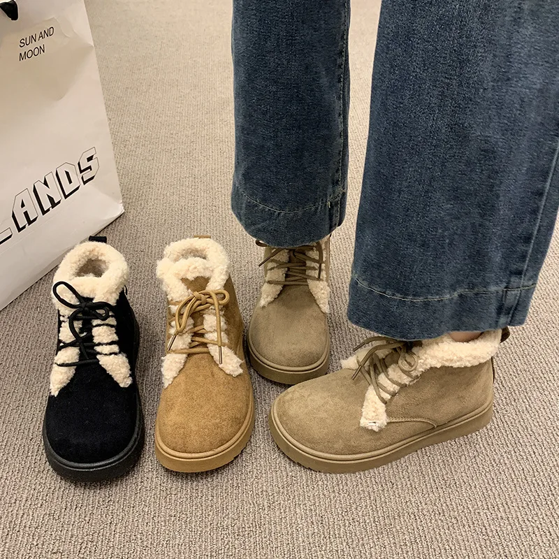 

Fleece-Lined Riding Boots Warm Mid-Calf Boots 2025 Winter New Thick-Soled Outdoor Lace-Up Furry Snow Boots for Women