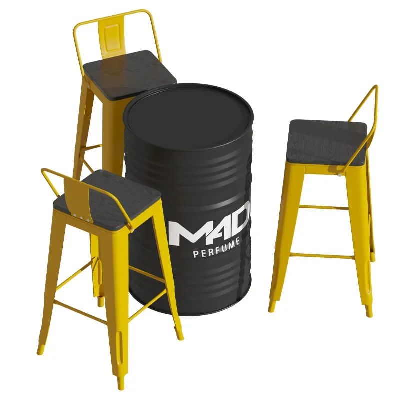 

Industrial style milk tea shop table and chair combination, tall metal backrest, creative oil drum bar wrought iron clear