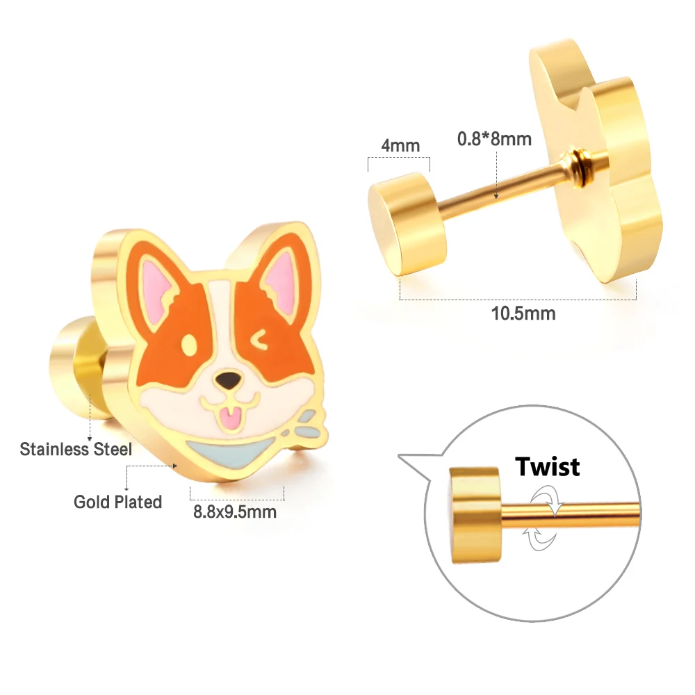 Cute Cartoon Corgi Earrings For Women Trending Gold Color Stainless Steel Piercing Screw Back Aretes De Mujer Ear Stud 2024