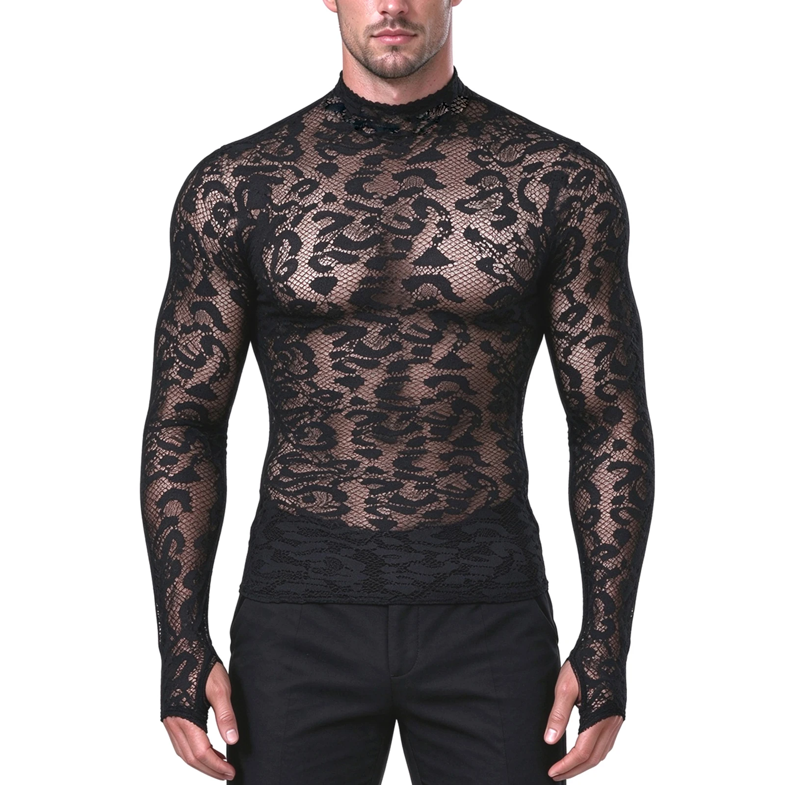 Langarm-Workout-T-Shirt für Herren, Gym-Leopard-Mesh, Stehkragen, Spitze, athletisches, transparentes Oberteil, Trainings-T-Shirt, Lauf-Sportshirt mit Daumenloch – Detail 2