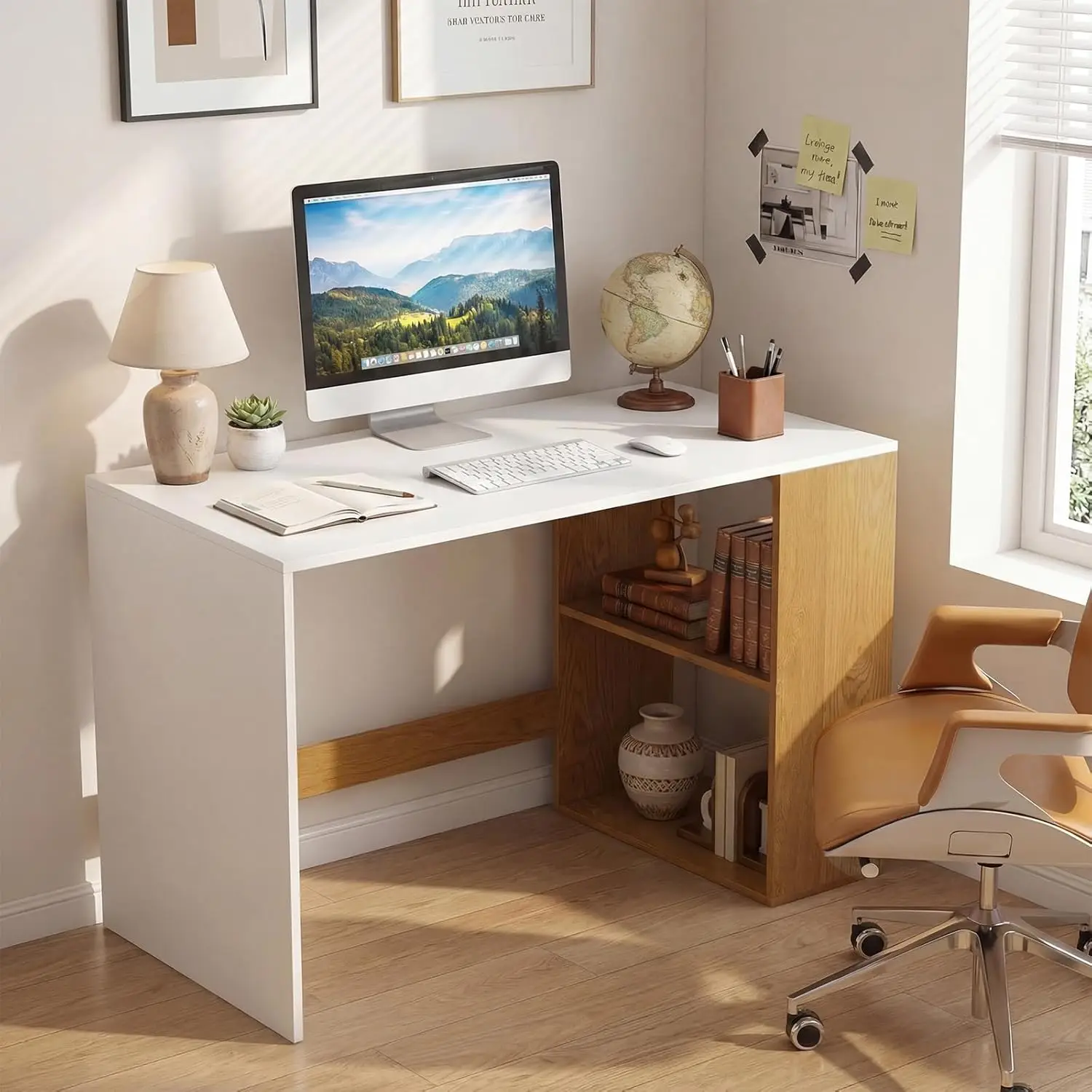 

44" Computer Desk with 2-Tier Bookshelf Wooden Laptop Workstation for Bedroom Living Room Small Space White Natural, Customized