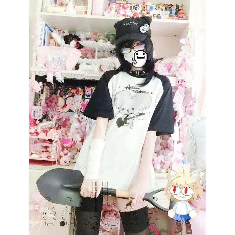 Casaul Maglietta Bianca Donna Harajuku Sottocultura Estate 2024 Magliette Allentato Cosplay Kawaii Carino Y2k Cartoon Stampa Pantaloncini Manica Magliette E Camicette