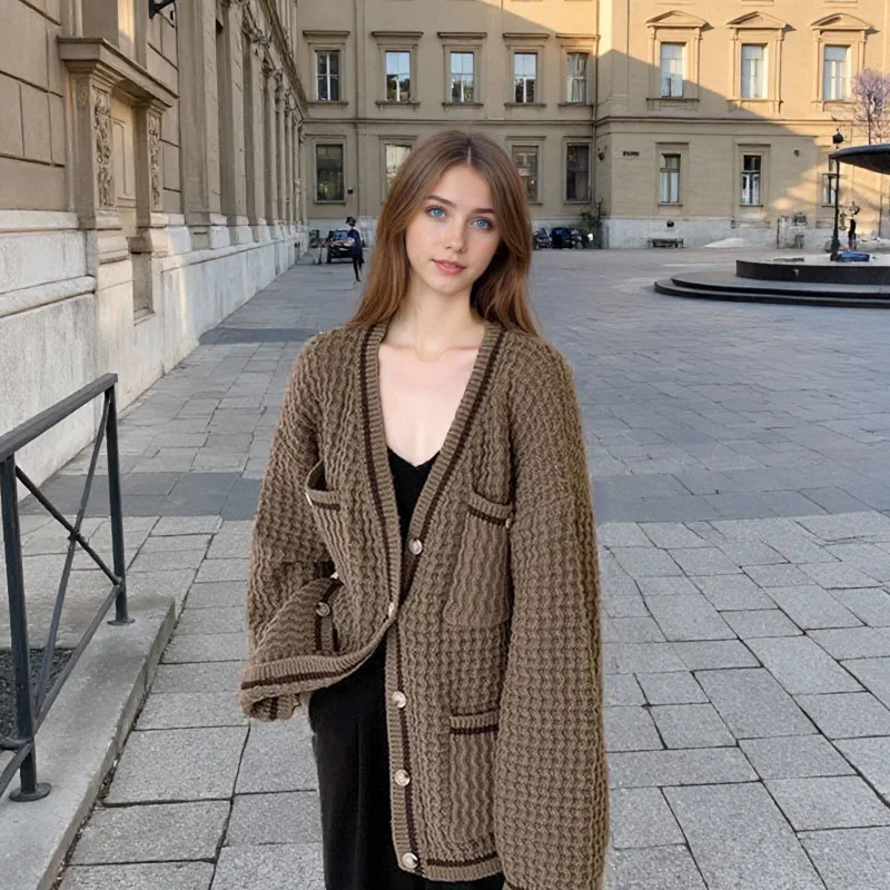 

Однобортный карманный корейский нежный женский вязаный кардиган с v-образным вырезом кофейного цвета, простой женский свитер в пригородном стиле