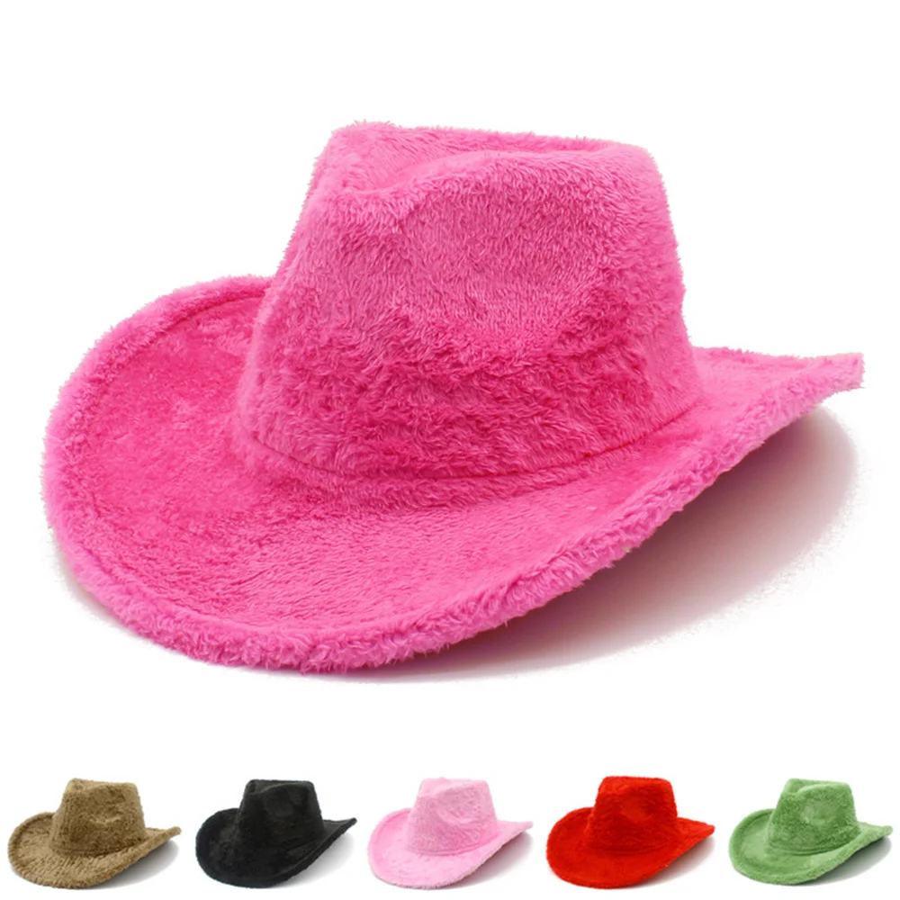 Fashion Solid Color Western Cowboy Hat Winter Furry Plush Wide Brim Cowgirl Hats for Women Girls Carnival Costume Party Jazz Cap