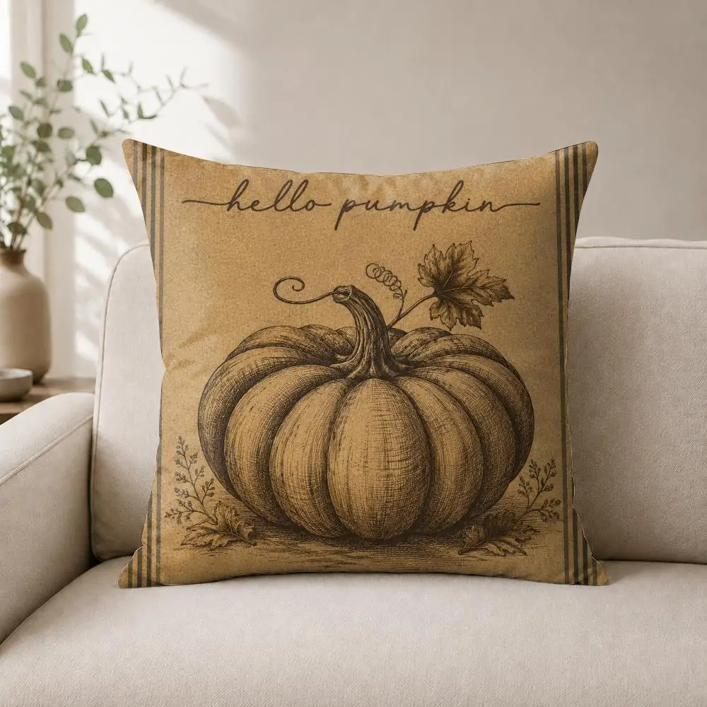 Rustic Pumpkin Sketch Cushion Cover Soft Plush Cushion Case Throw Pillowcase Cozy Home Sofa Bed Living Room Bedroom Decor
