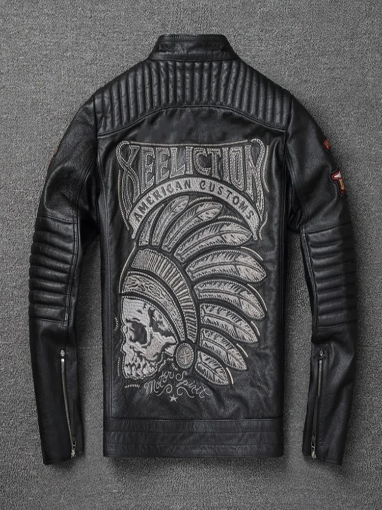 

Free Shipping! Top Layer Cowhide Men's Genuine Leather Jacket With Multiple Embroidery New Motorcycle Black Coat