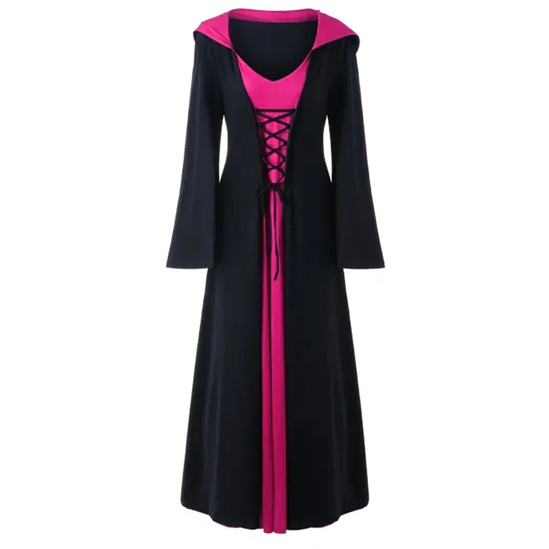 Medieval Dress For Women Lace-up Vintage Hooded Cloak Robe Adult Costume Retro Cosplay Halloween Scary Vampire Witch Long Dress