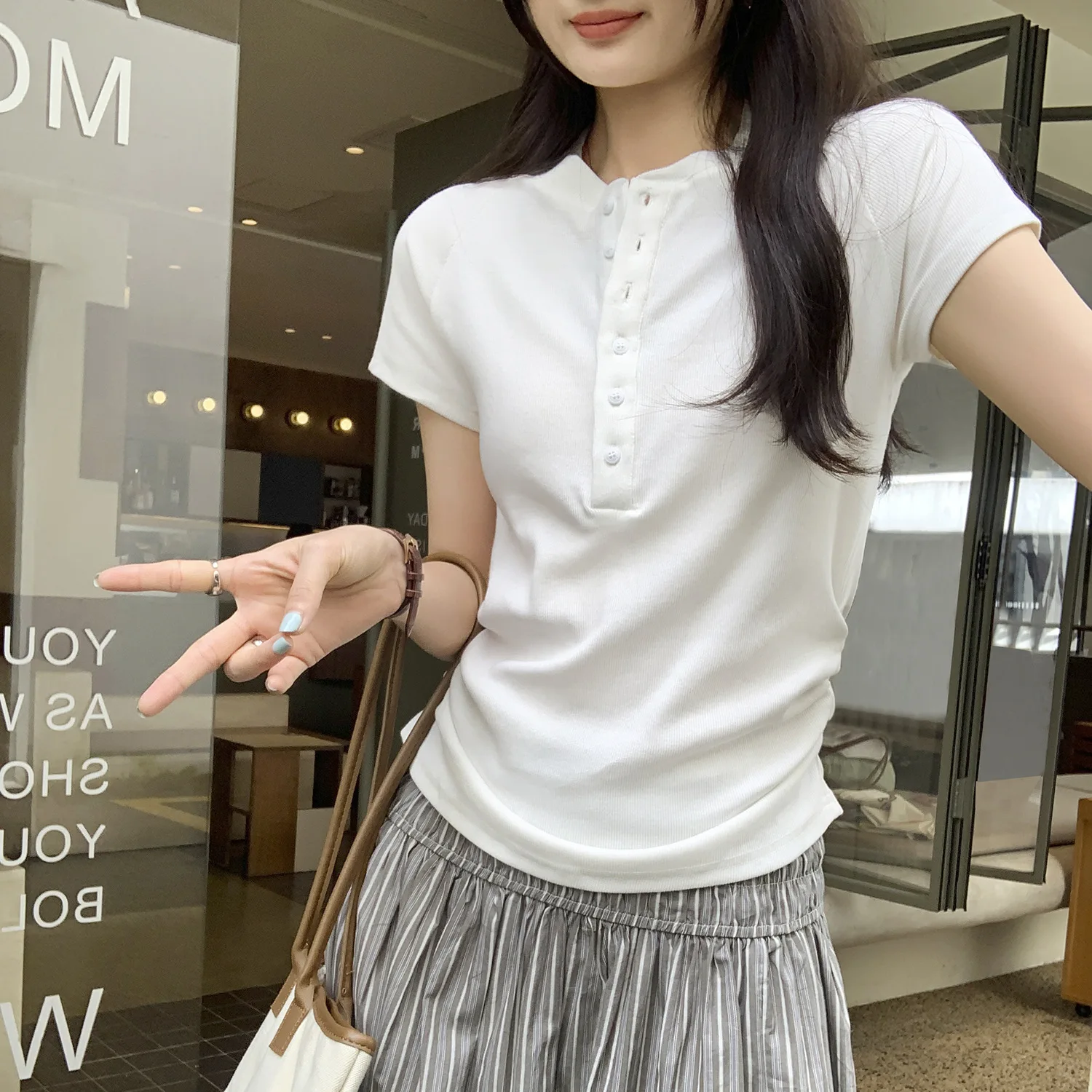 Summer Korean Chic Women's T-Shirt - Half Button Crew Neck Soft Skin-Friendly Slim Fit Top