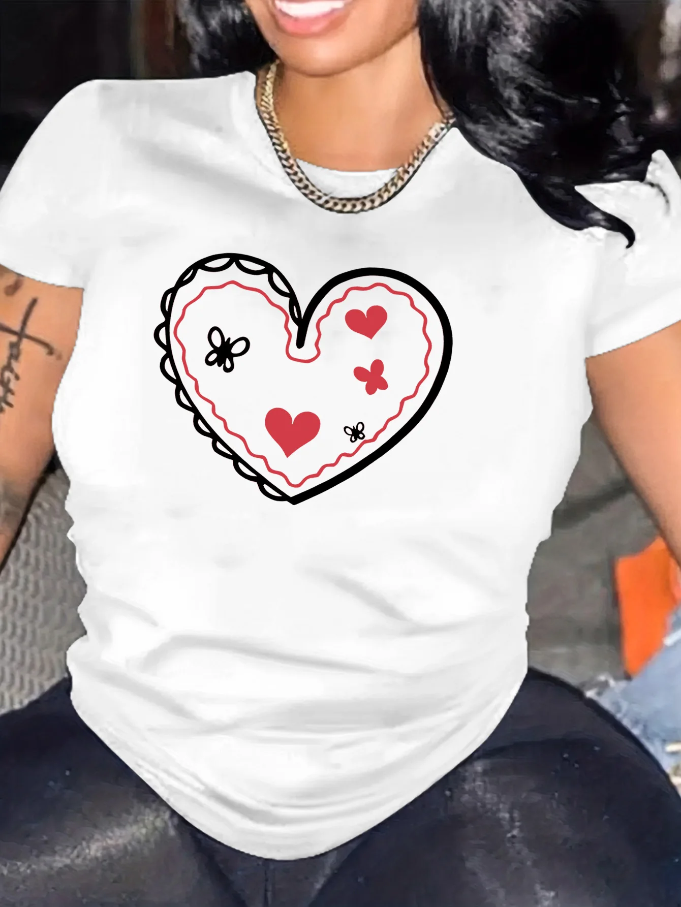 تي شيرت نسائي كاجوال بأكمام قصيرة بتصميم على شكل فراشة على شكل قلب ملابس بأكمام هاراجوكو ملابس علوية للشارع ملابس جمالية #1