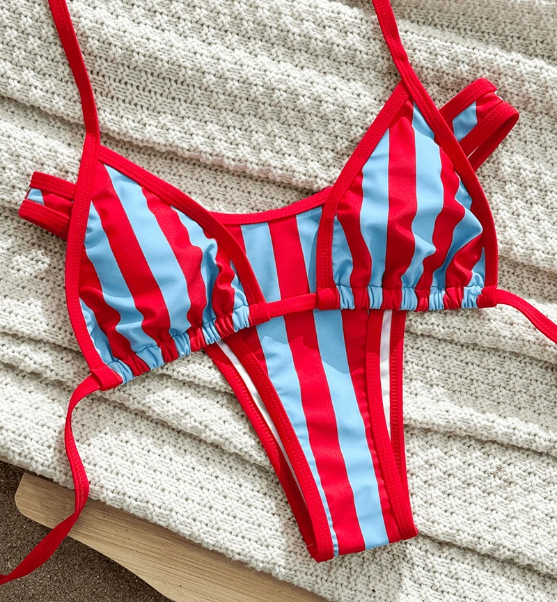 Sexy Women's Swimsuit 2026 Vertical Stripes Bikinis Sets Low Waist Split Bathing Suit Lace Up Bikini Swimwear