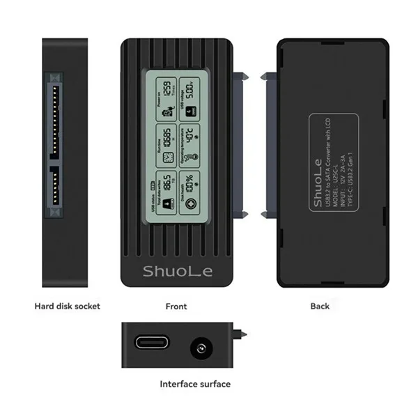 Obudowa dysku twardego ShuoLe USB 3.1, adapter dysku twardego 2,5/3,5 cala, inteligentny wyświetlacz cyfrowy, łatwy montaż kable — zdjęcie produktu 5
