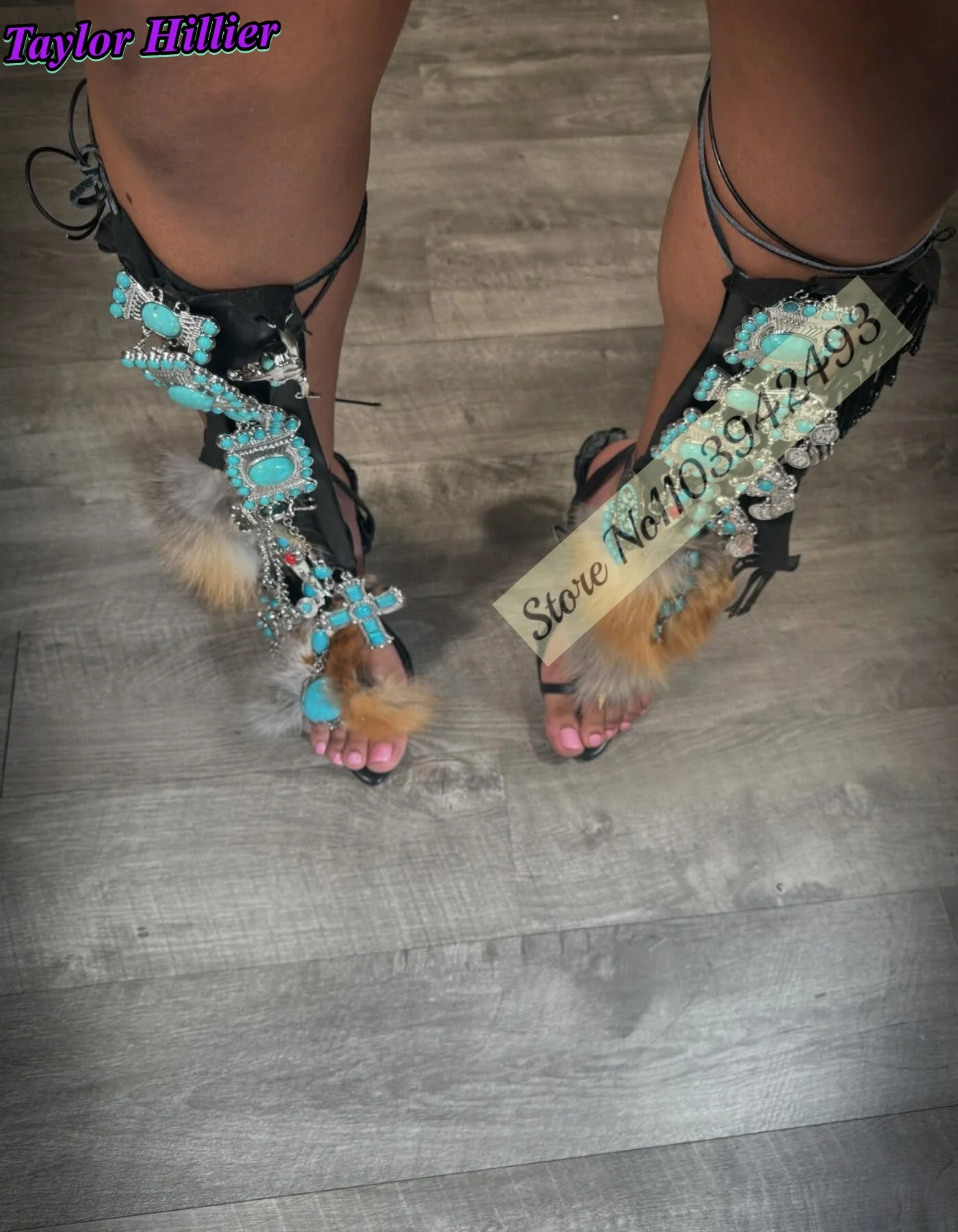 Gladiator Heels Turquoise Fur Wrap Sandals Women Shoes Mixed Color Roman Thin High Heel Pointed Toe Sandalias De Mujer Summer view 5