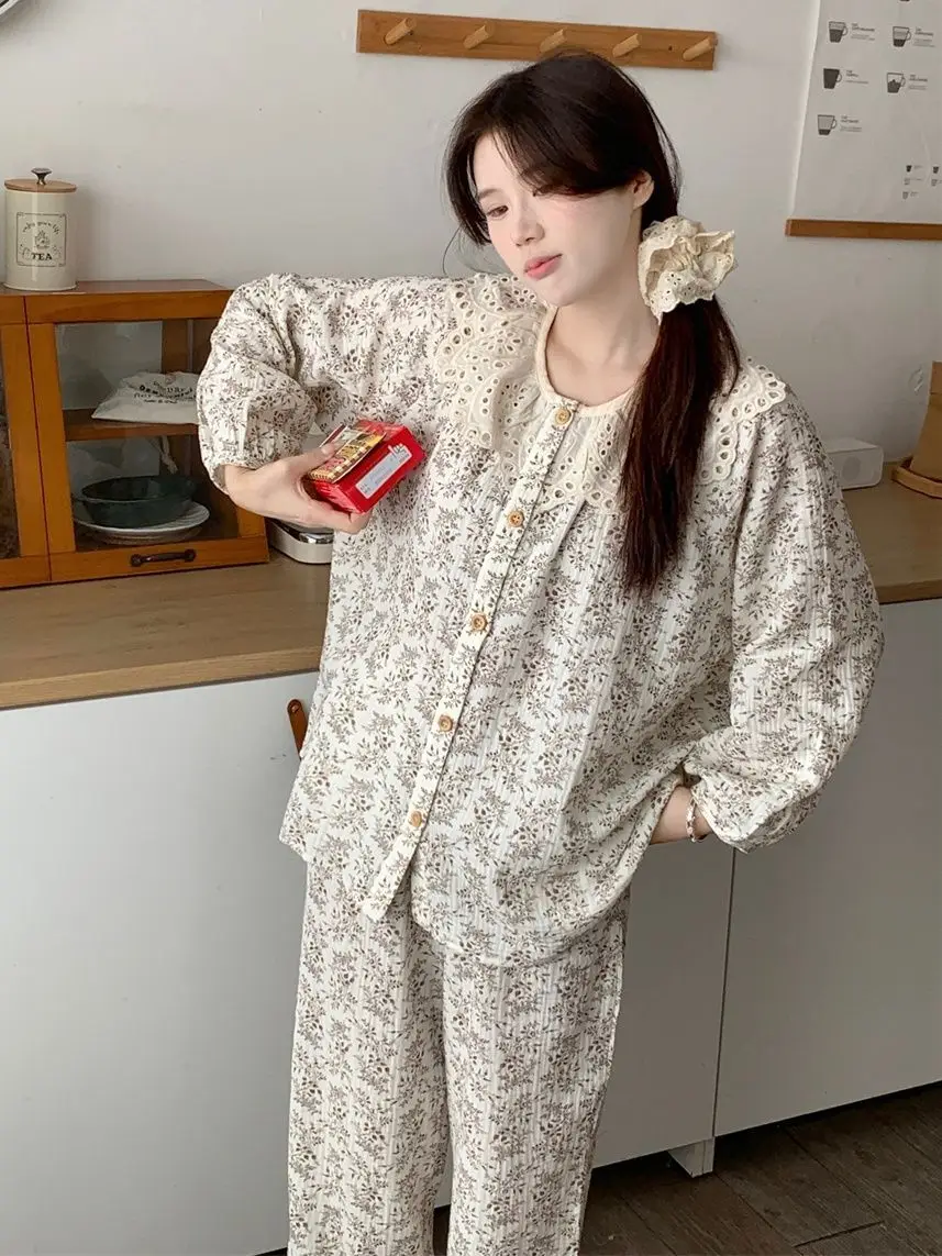 الجولة الرقبة الأزهار بيجامة مجموعات المرأة ربيع الخريف جديد طويل الأكمام بنطلون ملابس المنزل 2 قطعة مجموعة سيدة Kawaii الملابس Pj دعوى