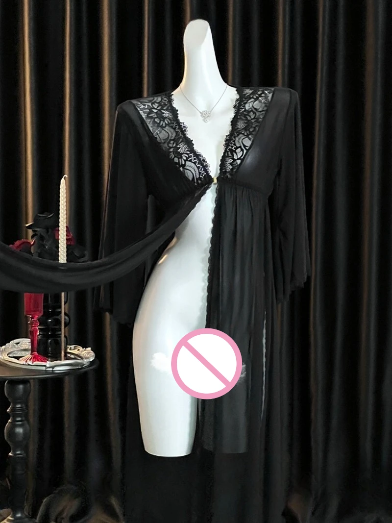 

Sheer Lace Long Robe for Women,Sexy See-through Outerwear,Elegant Home Nightgown,Ascetic High-End Lingerie