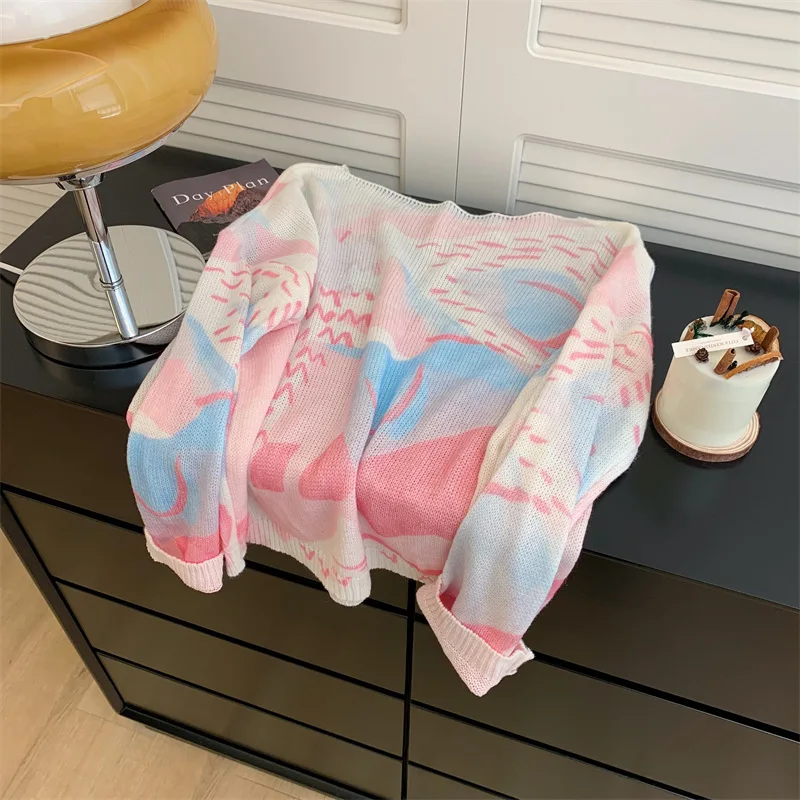 

Pink Tie-dye Crew Neck Pullovers For Women Autumn Daily Commuting All Match Knitwear Sweet Loose Long Sleeve Knitted Sweater