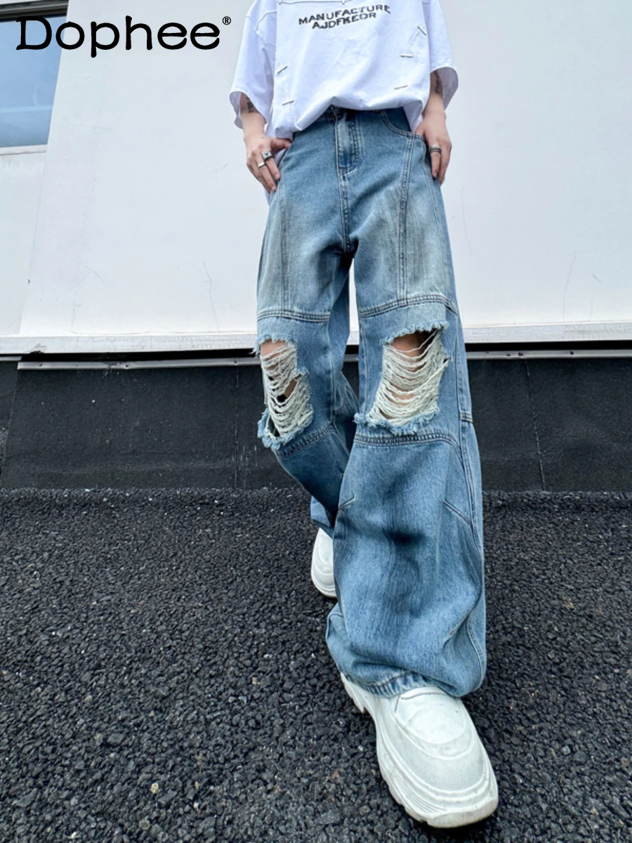 

2024 Autumn American Style Street Hole Jeans Men's Women's Fashion Straight Retro Splicing Wide-leg Pants Trendy Denim Trousers