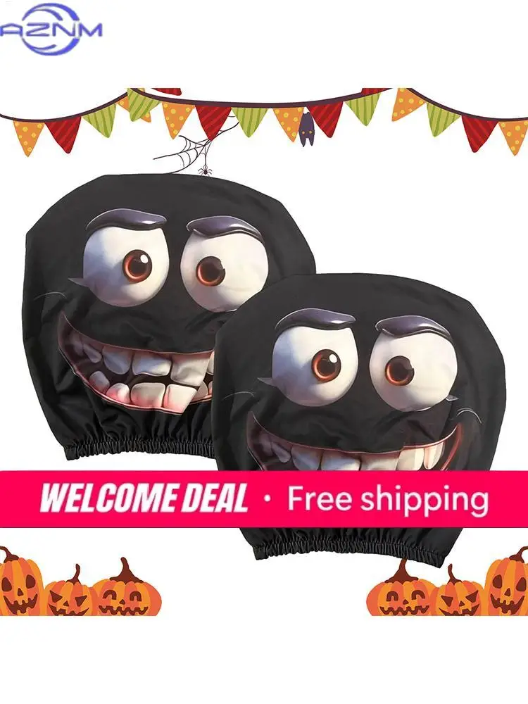 2pcs Smiley Face Printed Car Pillowcase Soft Comfortable Decorative Cushion Cover Auto Seat Headrest Washable Polyester Fabric