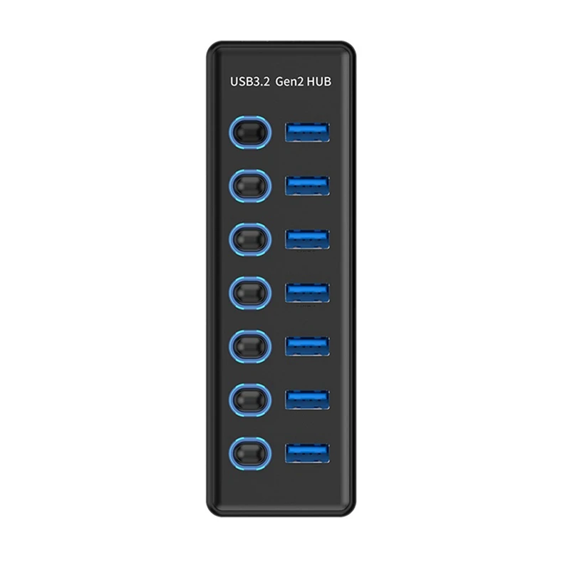 7 Port USB3.2 Gen2 HUB 10Gbps USB 3.0 Hub With Individual Switch Control LED Indicator With Power Adapter US Plug