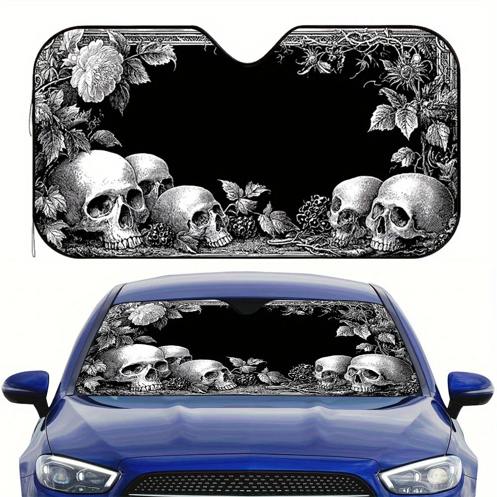 

1 шт. 2D плоский автомобильный солнцезащитный козырек с изображением черепа на Хэллоуин — сохраняет ваш автомобиль прохладу, включает 4 присоски, складные и простые вкладыши