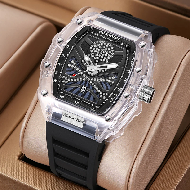 Dropshipping Men\'s Wacthes Unique Resin Case Inlay Diamond Skull Dial Wristwatch Fashion Sport Lightweight Silicone Strap Clock