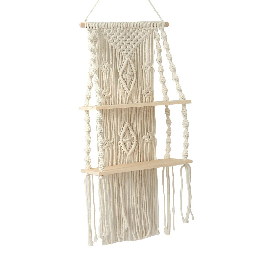 Handmade Tassel Macrame Wall Hanging Shelf Boho Cotton Rope Woven Tapestry Plant Hanger Floating Shelf Home Room Decor