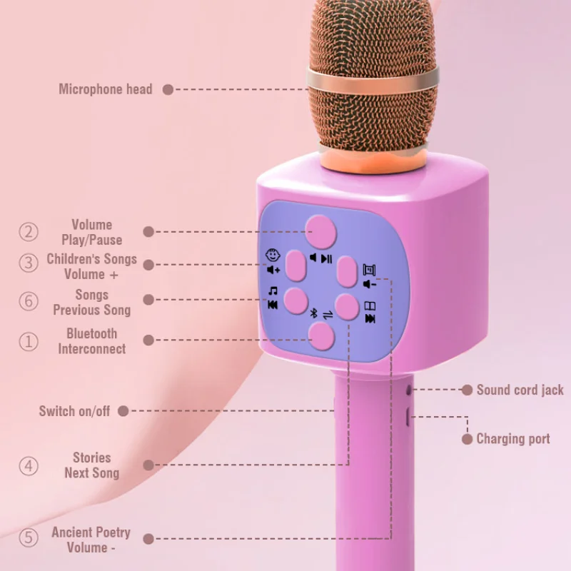 어린이 음악 마이크 장난감, 노래방 블루투스 통합 스피커, 노래 기계 조명, 소년 소녀 교육용 게임 선물