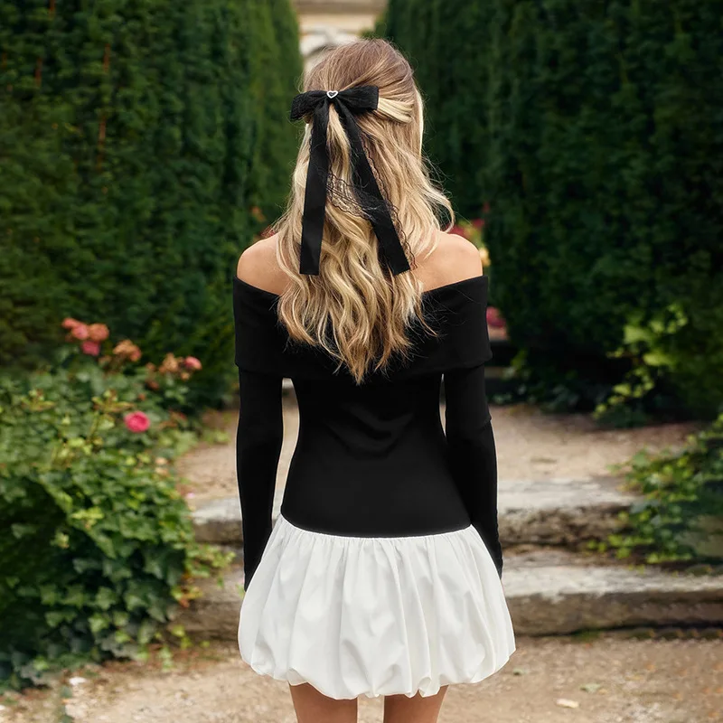 فستان قصير برقبة قارب مرقعة للنساء بأكمام طويلة فستان حفلات للسيدات أسود لحفلات العشاء والولائم فستان قصير ساحر