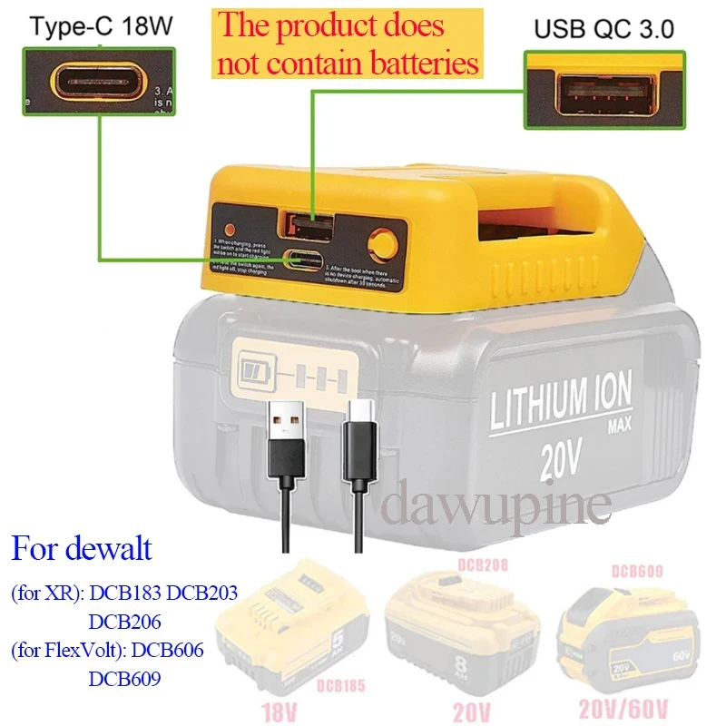 Power Tool Accessories Adapter For Dewalt 18V 20V Li-ion Battery Type-C USB Charge Power Bank DCB200 DCB205 DCB183 DCB203 DCB206