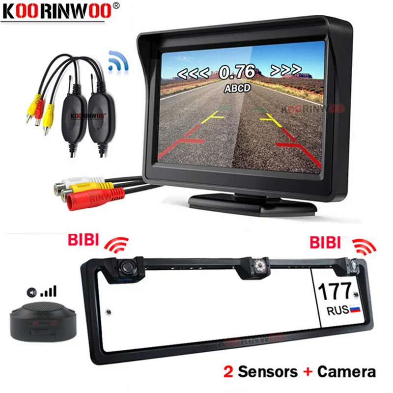 Koorinwoo Auto Parktronic EU Frame For Number Parking Sensors 2 Radar Detector With LCD Car Monitor Night Vision Camera NO Drill