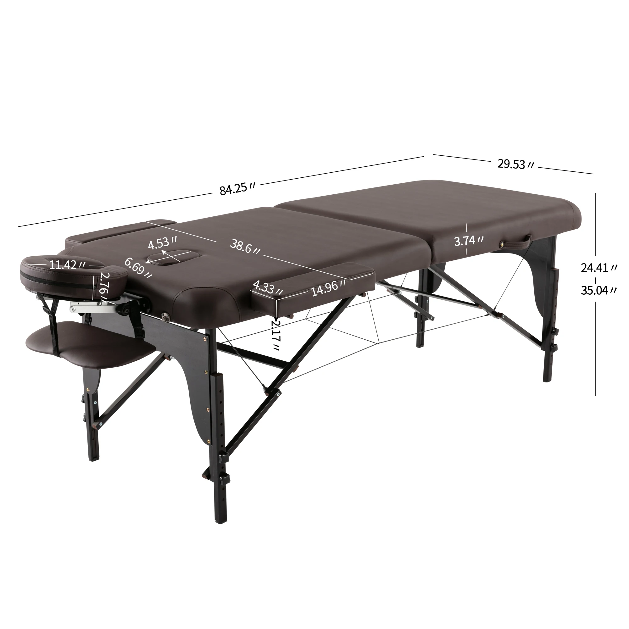 Cama de massagem portátil couro do plutônio spa cama 84x38x24-35 Polegada 2 seção ajustável mesa de massagem dobrável marrom [eua-estoque]