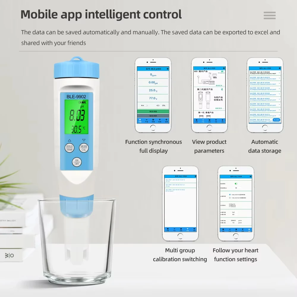 Medidor calidad del agua Bluetooth para piscinas y acuarios PH/EC