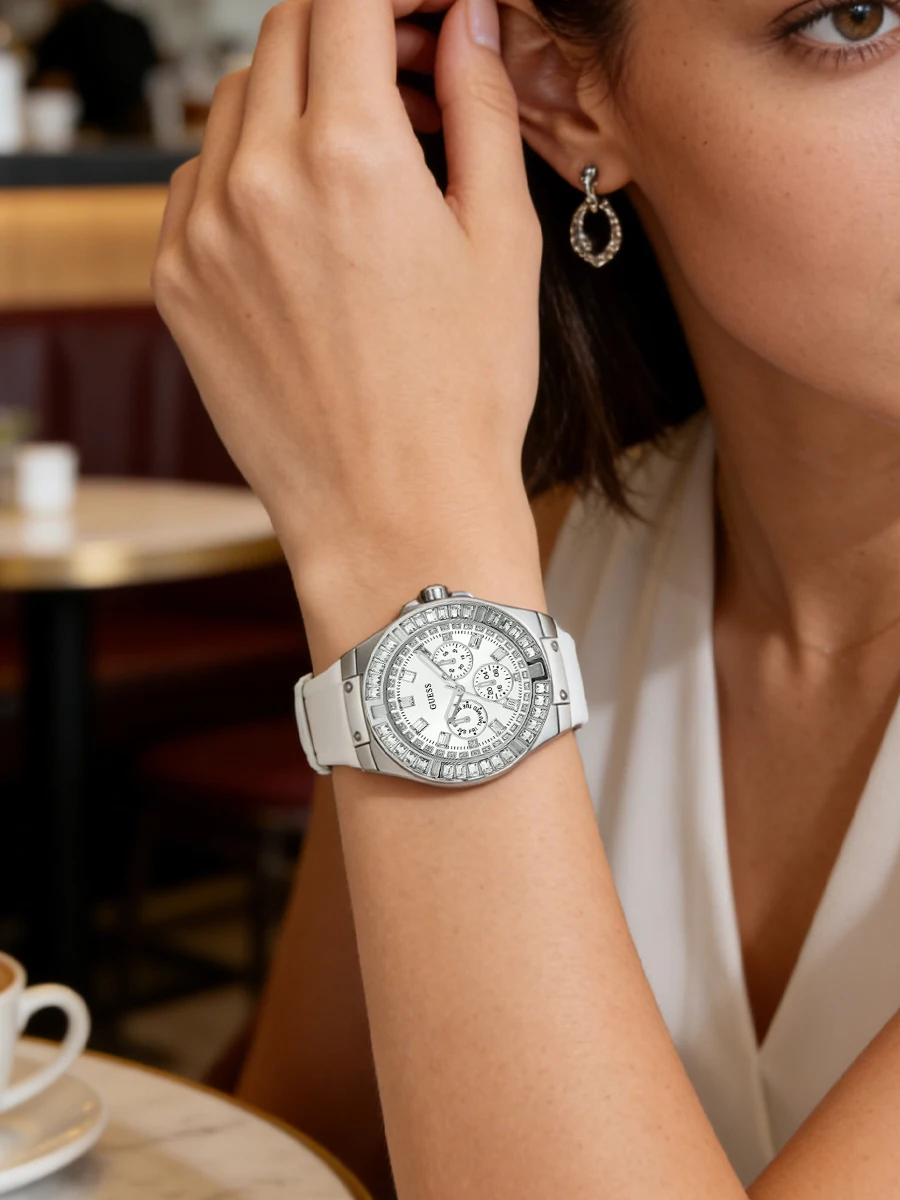 GUESS GW0118L3 Ladies Multifunction Crystal Baguette Bezel Quartz Watch White Silicone Wristwatch Shopping Birthday Gift