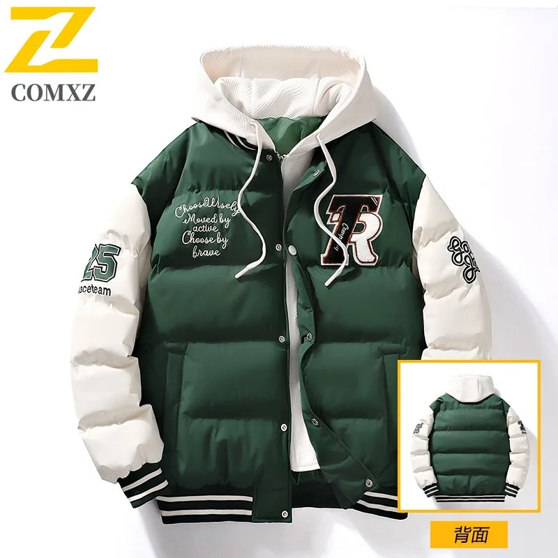 

COMXZ 2025 Autumn Winter Hot Sale New Fake Two Piece Hooded Down Jacket Cotton Coat Men Hong Kong Style solid color Casual Coat