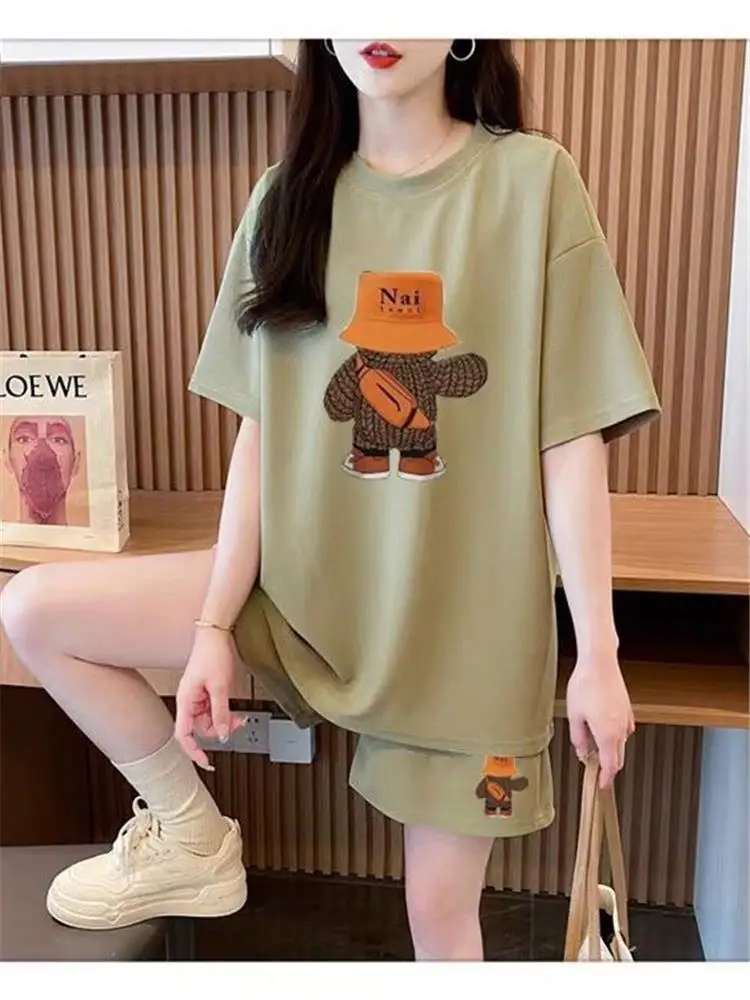 

Summer New Casual Sports Set Women Loose Slimming Large Size Anti-Aging Belly Covering Bear Top Two-Piece Set Short Sleeve ro...