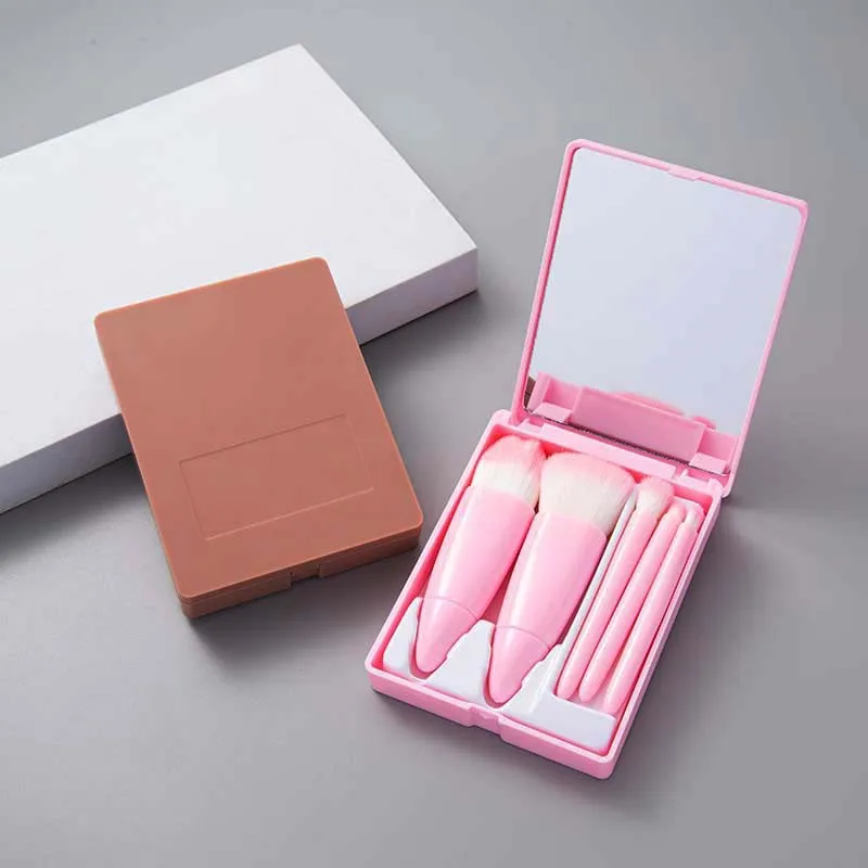 Mini brocha de maquillaje portátil Morandi box, 5 piezas con espejo de maquillaje, juego de brochas de maquillaje de viaje con corazón para niña