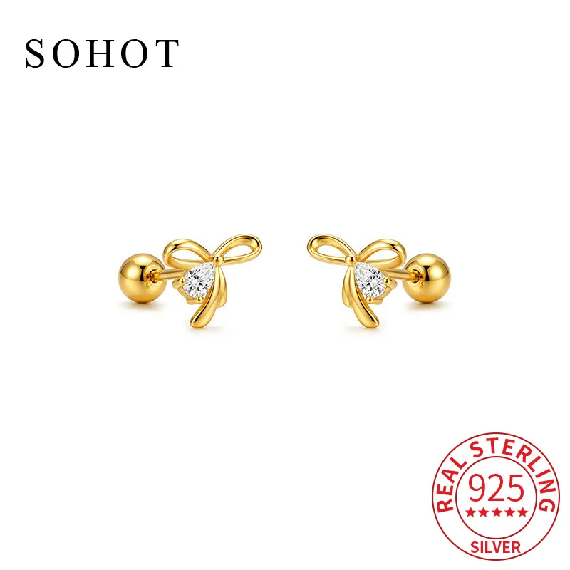 Real 925 Sterling Silver Exquisite Sweet Bowknot Zircon Stud Earrings for Charm Women Fine Jewelry Screw Bead Accessories