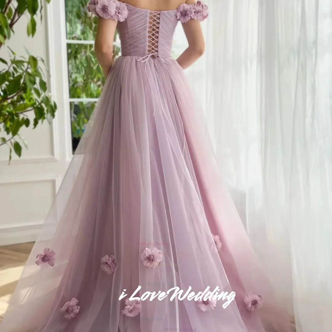 Purple V-Neck Prom Dresses 2025 Tulle Off Shoulder 3D Flowers A-line Side Split Pleated Floor-Length Evening Dresses Customized