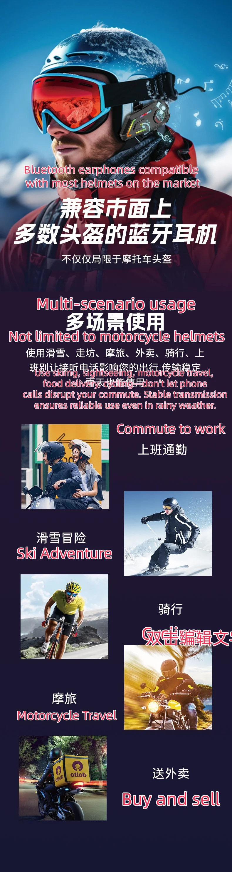 Bluetooth Motorcycle Helmet Headset, Waterproof Noise-Canceling Riding Multi-Person Group Chat Intercom Helmet Earphone