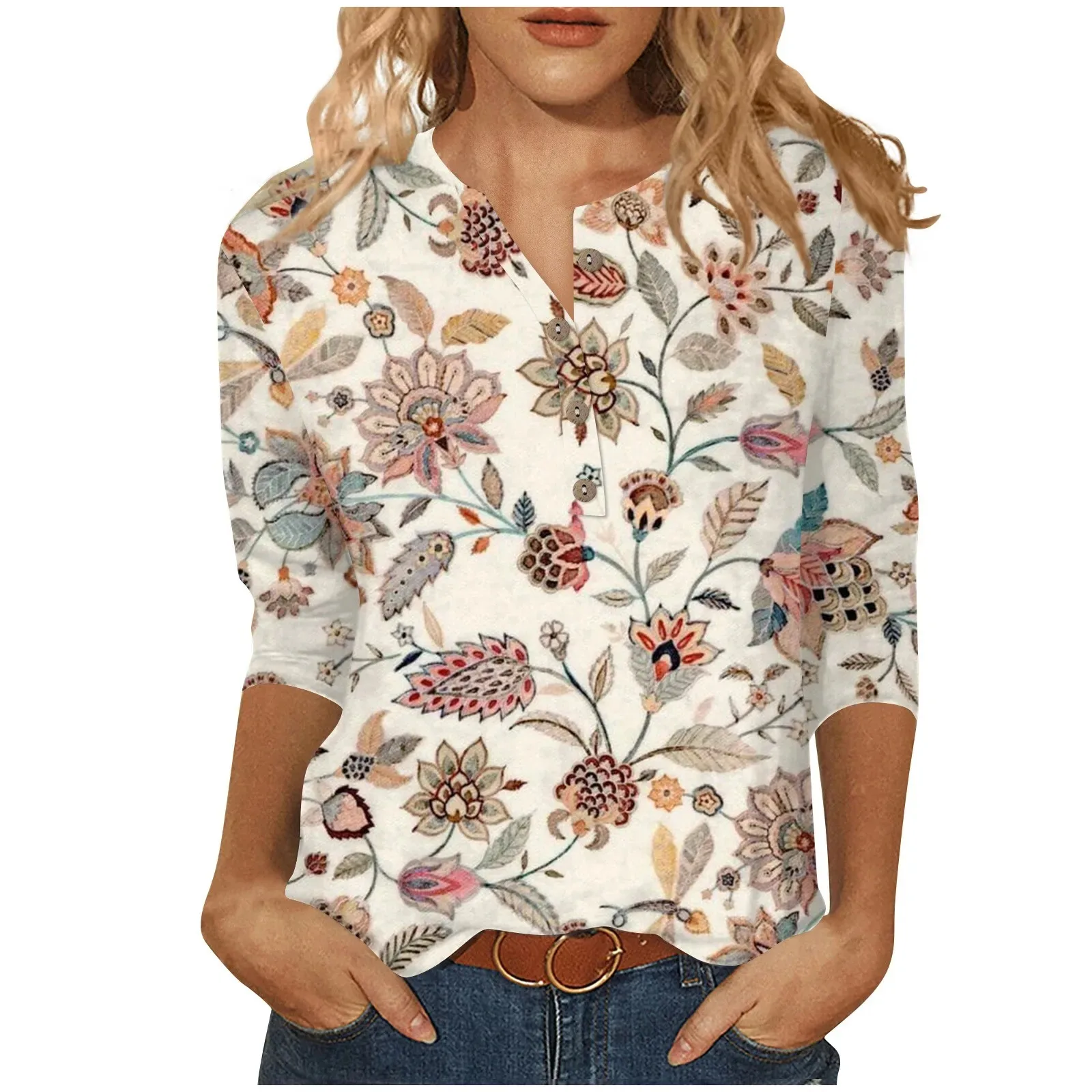 Women's Casual And Trendy Clothing 3d Flower Printed Lightweight Elastic Top Pullover With Round Neck And 3/4 Sleeves Wg23