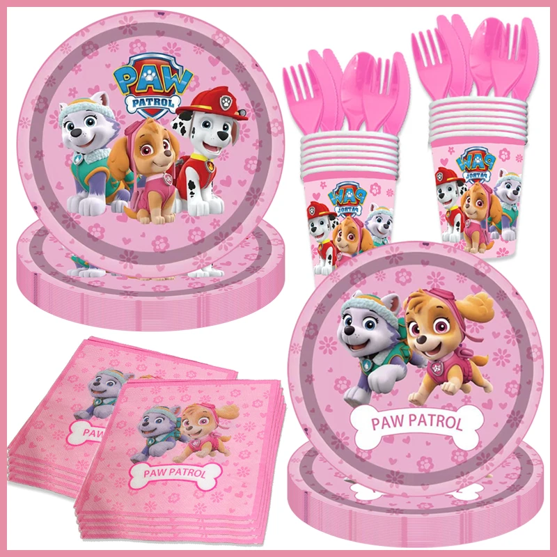 Skye Paw Patrol 생일 파티 장식 핑크 개 식기 종이 접시 컵 냅킨, Skye 테마 파티 풍선 용품, 신제품 Skye Paw Patrol 생일 파티 장식 핑크 개 식기 종이 접시 컵 냅킨, Skye 테마 파티 풍선 용품, 신제품