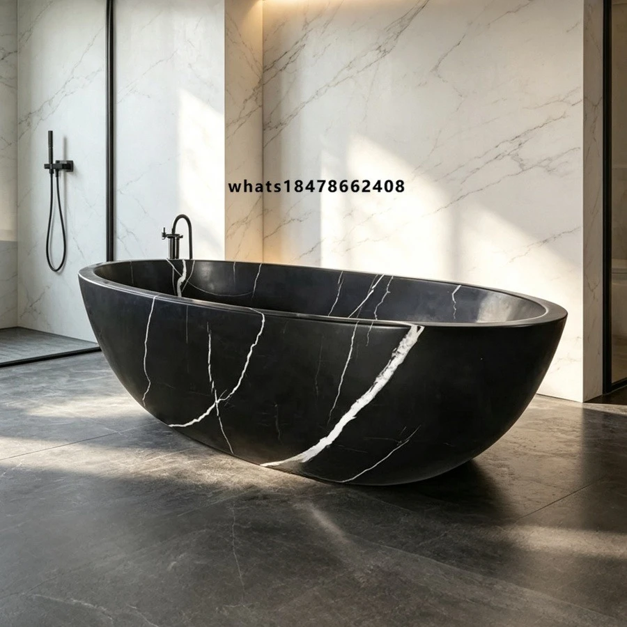YOUFINE Hand Carved Natural Black Marble Freestanding Bathtub Stone Oval Tub for Modern Villa Bathroom
