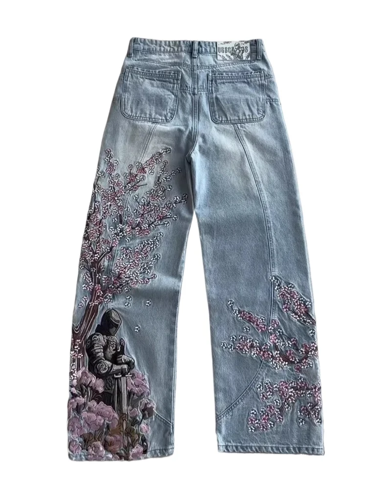 Houzhou vintage bordado jeans feminino y2k estilo hip hop calças jeans oversize gótico harajuku retro streetwear calças de perna larga