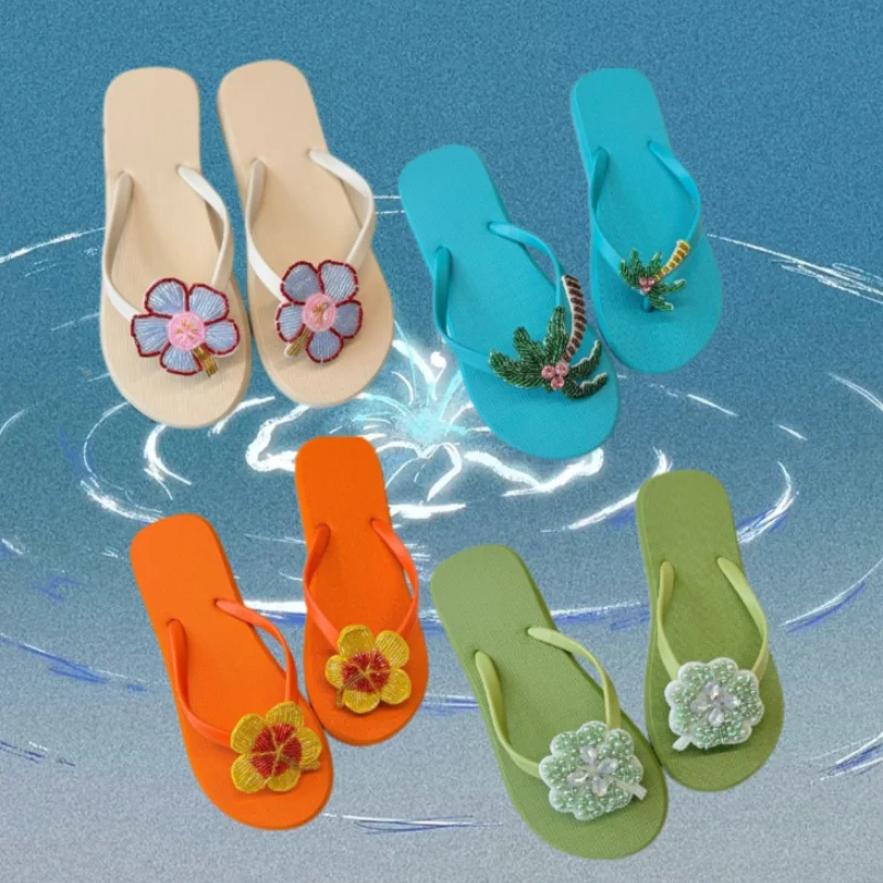 Women Beaded Flower Palm Tree Flip Flops Summer Beach Thong Sandals Cute Handmade Bead Decor Casual Vacation Slippers
