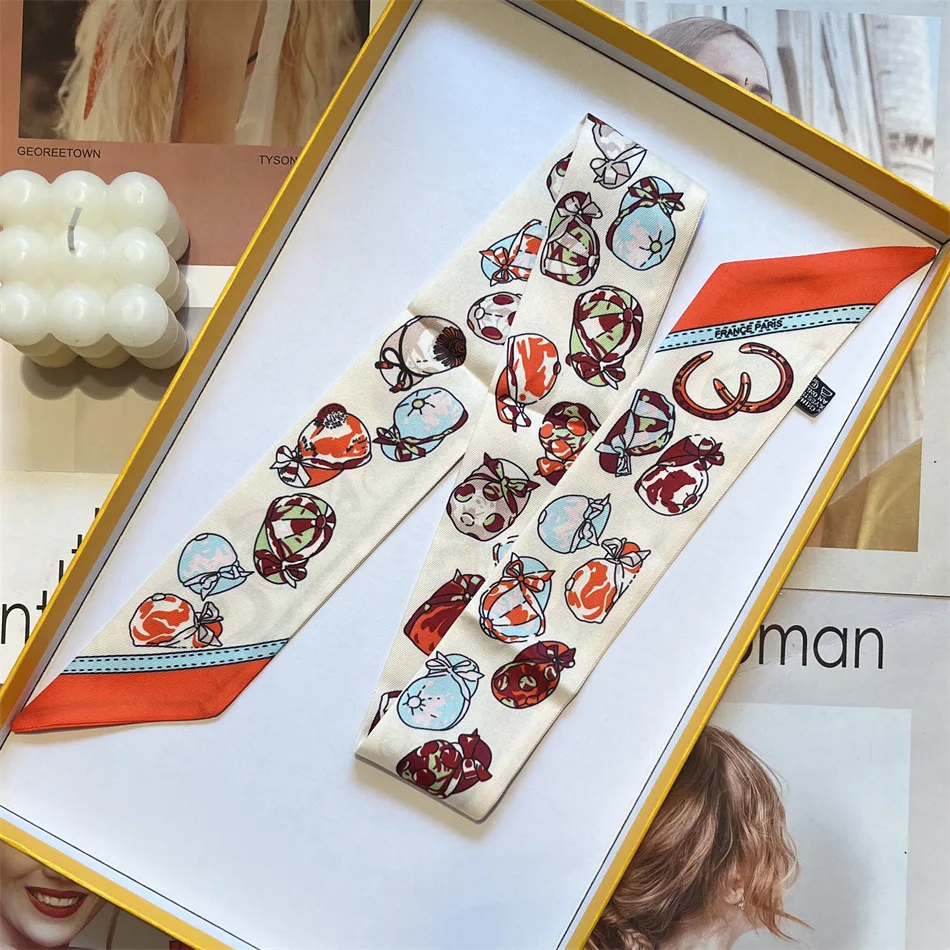

New Cute Slender Narrow Silk Scarf Tied Bag Handle Silk Scarf Small Ribbon Scarf Women's Twill Scarf Headband Decorative Gift