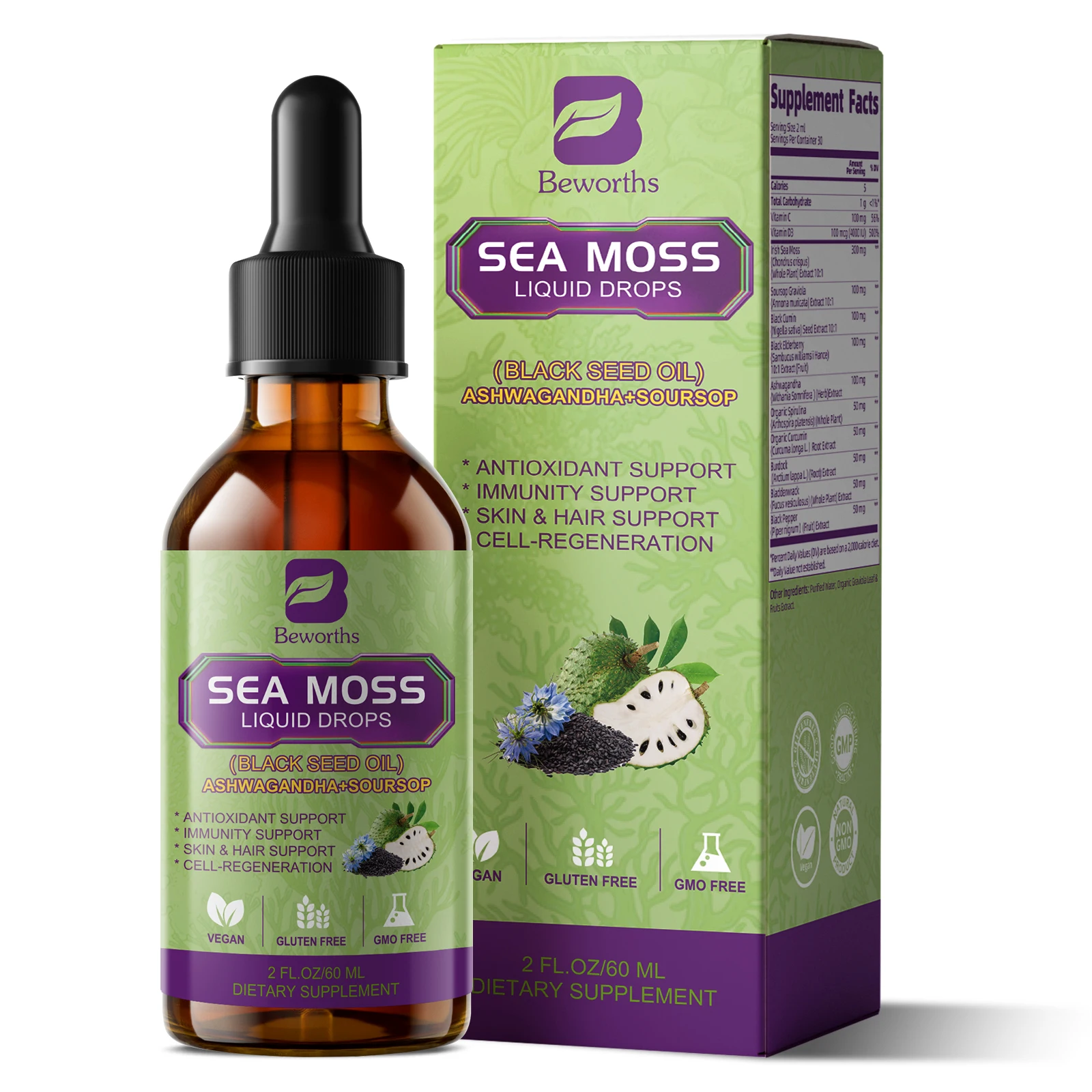 

BEWORTHS Sea MOSS& Soursop Graviola Extract Drops Support Immunity and Kidney Health, Promote Digestion and Antioxidation