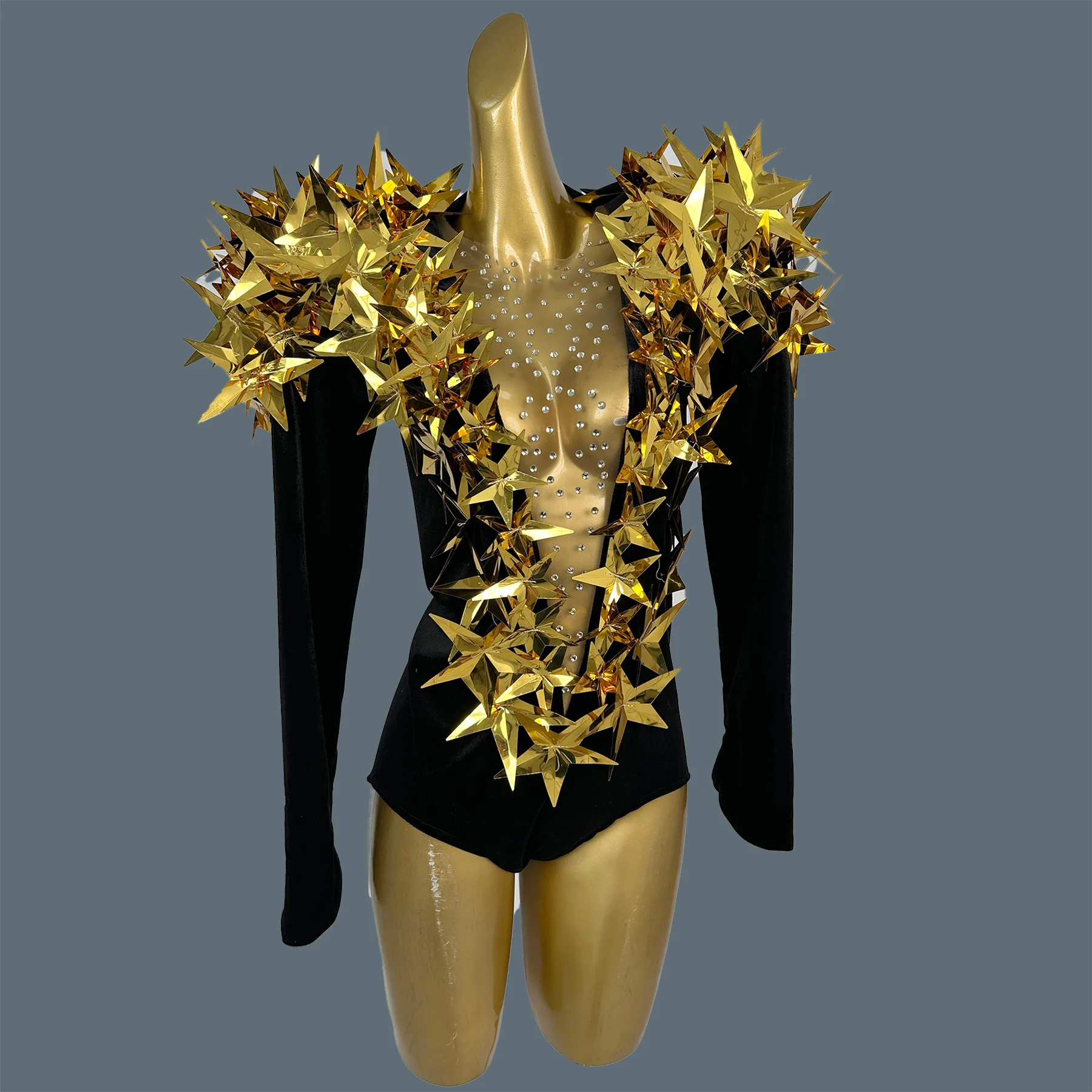 

Sparkly Deep V Neck Tight Fitting Bodysuit Five-pointed Star Sequins Velvet High Cut Thong One Piece Dance Show Outfit Hengxing